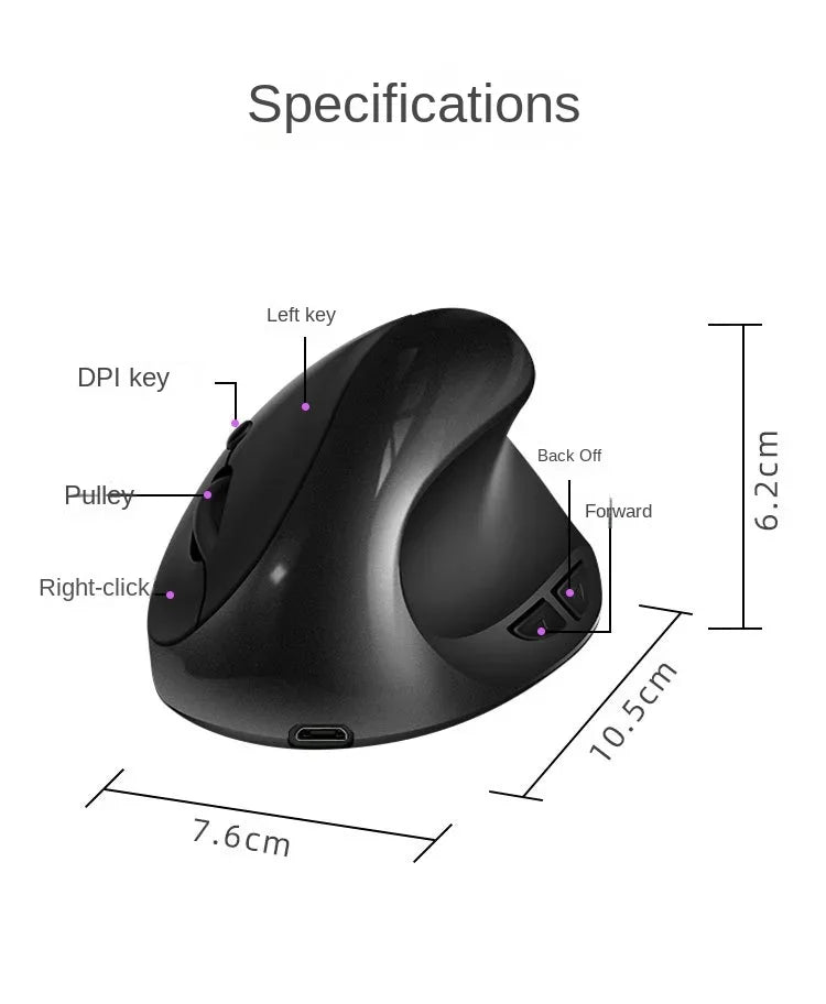BTS-908 Bestseller — ładowalna pionowa mysz ergonomiczna, bezprzewodowa, odbiornik USB 2.4G, regulowane 1600 DPI, 6 przycisków