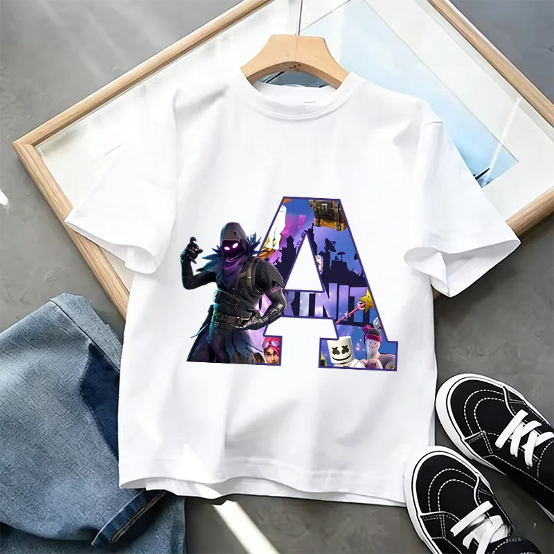 T-shirt Infantil Branco Fortnite com Estampado Alfabeto A-Z — Roupa de Verão, Jogo de Desenhos Animados Popular, Manga Curta Casual, Presente de Moda