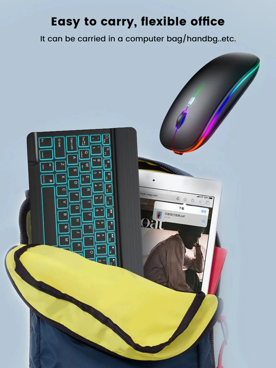 Mini Backlit RGB 10-inch Bluetooth Keyboard Wireless Mouse Rechargeable for Spanish Russian Hebrew Korean French Arabic Portuguese