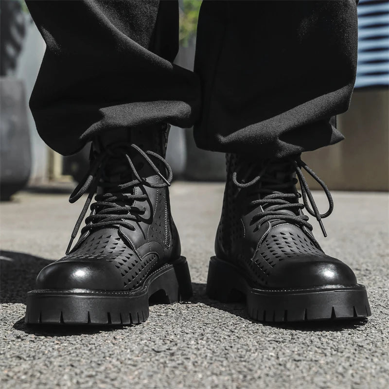 Non-Slip Men's High Top Casual Leather Shoes Street Style Motorcycle Boots New Stylish Ankle Boots Thick Bottom Walking Footwear