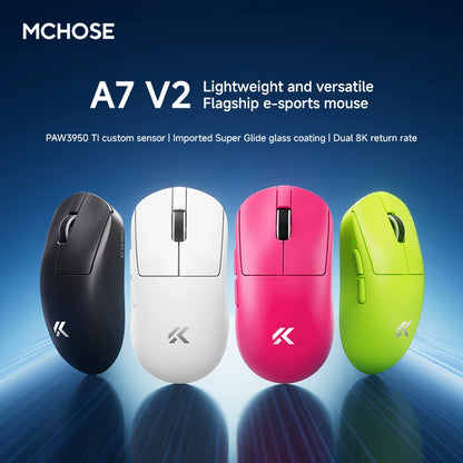 MCHOSE A7 V2 Wireless Gaming Mouse, Tri-Mode Bluetooth 8K Lightweight Esports Mouse with PAW3950 Sensor, 42000 DPI Ergonomic Gaming Mouse