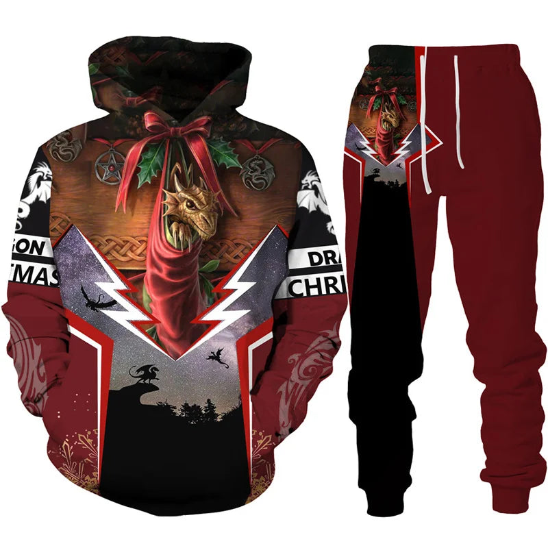 Conjunto de fato de treino para homem e mulher com estampado 3D de dragão retro tatuado, hoodie casual + calças, conjunto de 2 peças, sweatshirt oversized, moda masculina