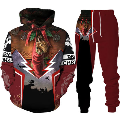 Conjunto de fato de treino para homem e mulher com estampado 3D de dragão retro tatuado, hoodie casual + calças, conjunto de 2 peças, sweatshirt oversized, moda masculina