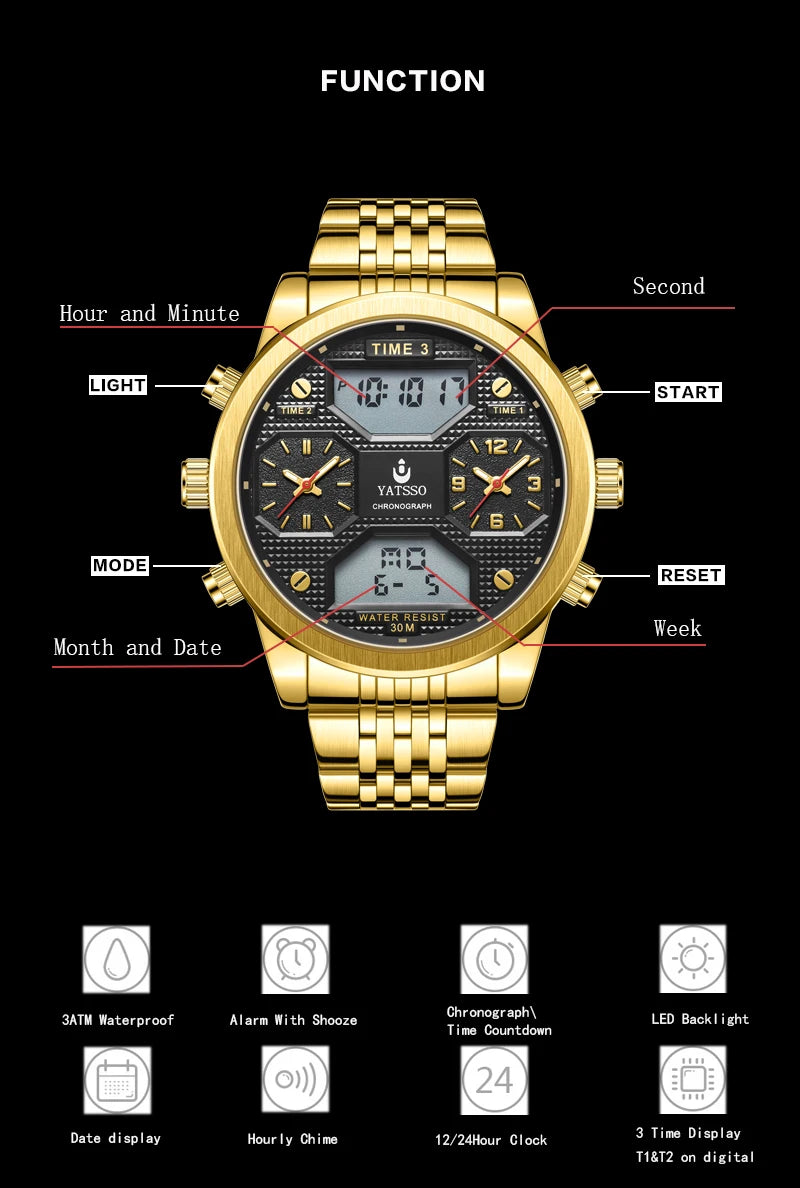 Men's Digital Military Sport Watch 3ATM Waterproof Luminous Steel Strap Quartz Wristwatch Fashion Male Clock Reloj Hombre