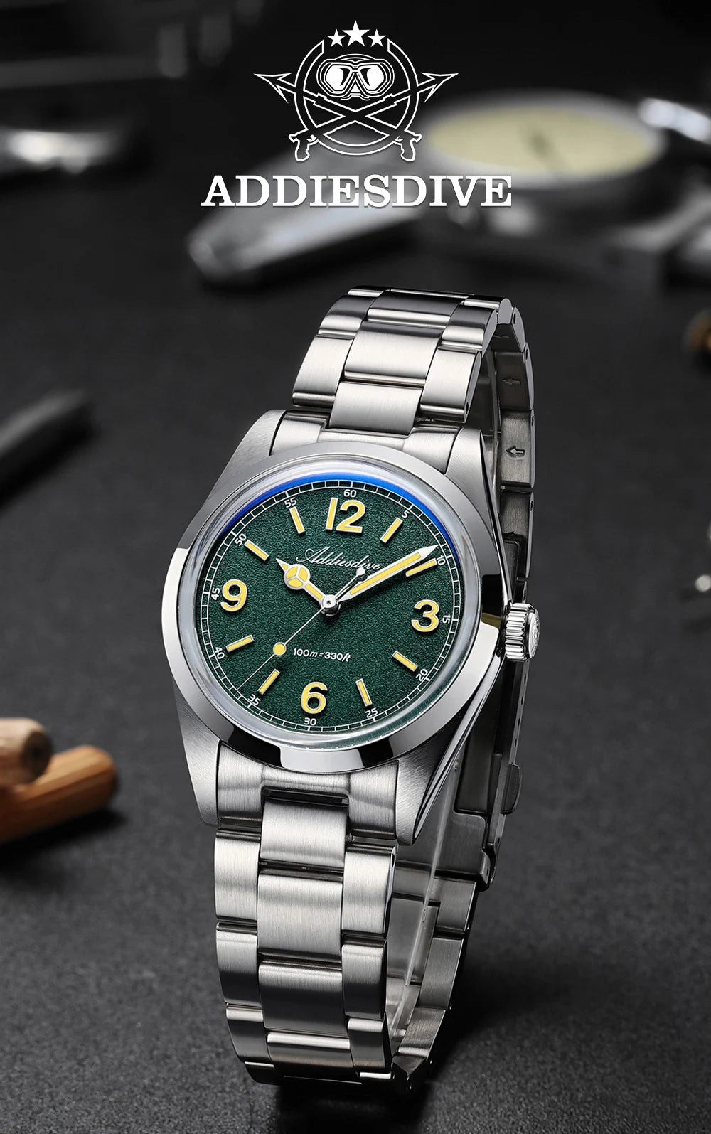 Relógio para homem ADDIESDIVE 36mm em destaque AD2518 com vidro espelhado convexo, aço inoxidável 316L, Reloj Hombre, 100m à prova de água, quartzo