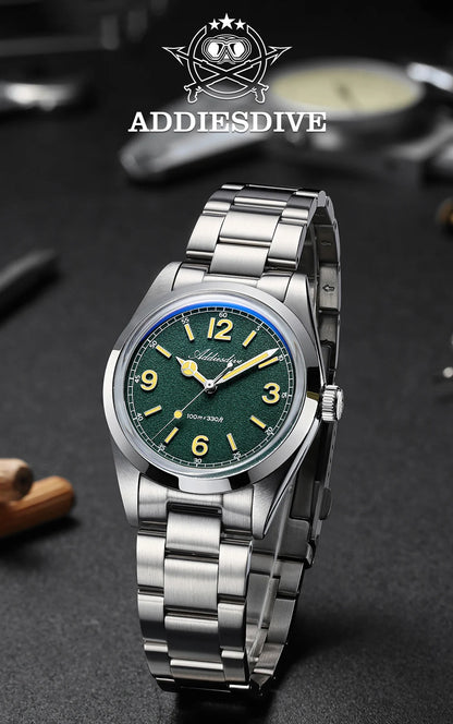 Relógio para homem ADDIESDIVE 36mm em destaque AD2518 com vidro espelhado convexo, aço inoxidável 316L, Reloj Hombre, 100m à prova de água, quartzo