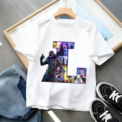 T-shirt Infantil Branco Fortnite com Estampado Alfabeto A-Z — Roupa de Verão, Jogo de Desenhos Animados Popular, Manga Curta Casual, Presente de Moda