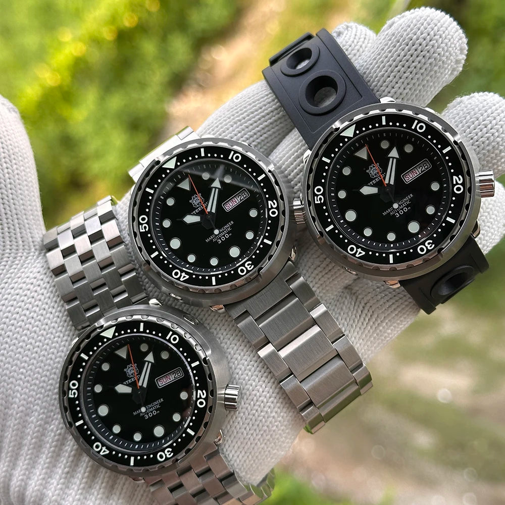 STEELDIVE SD1975W Black Dial Day and Date Function NH36 Automatic Movement 47.5mm Super Luminous 300M Waterproof Tuna Can Watch
