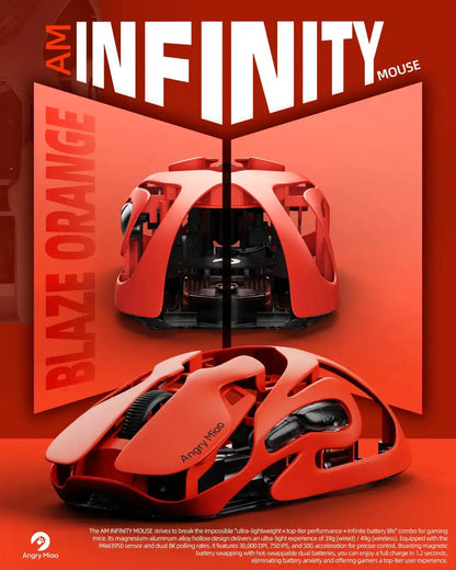 Rato Gaming Sem Fios Angry Miao Infinity, Metal Hot-Swappable, Ultraligeiro Oco, PAW3950, Dual 8K, Com Fio, Tri-Mode, Laranja