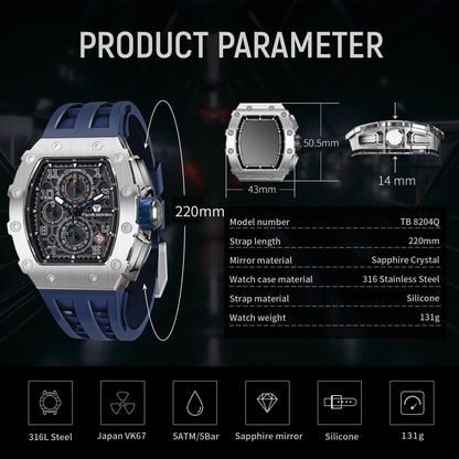 TSAR BOMBA New TB8204 Watch for Men Japan Quartz Chronograph 50M Waterproof Wristwatch Fashion Sport Clock Male Luxury Mens Gift