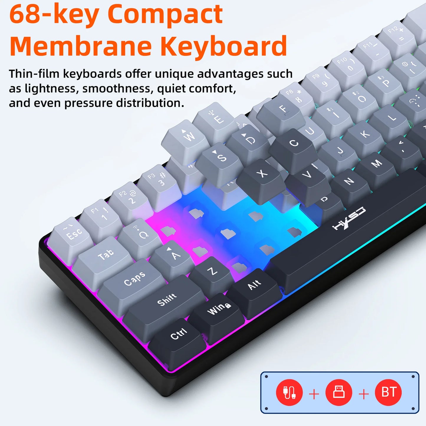 New 68% Three-Mode Wired/Wireless/Bluetooth Gaming Keyboard Gradual Change Gray RGB Backlight