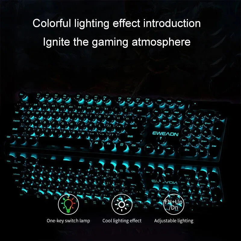Retro Round Punk Mechanical Feel Keyboard Blue Black Switch 104 Keys USB Wired Gaming Keyboards RGB Backlit for PC Laptop Gamers