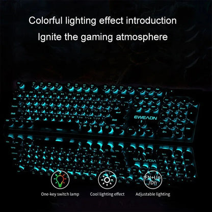 Retro Round Punk Mechanical Feel Keyboard Blue Black Switch 104 Keys USB Wired Gaming Keyboards RGB Backlit for PC Laptop Gamers