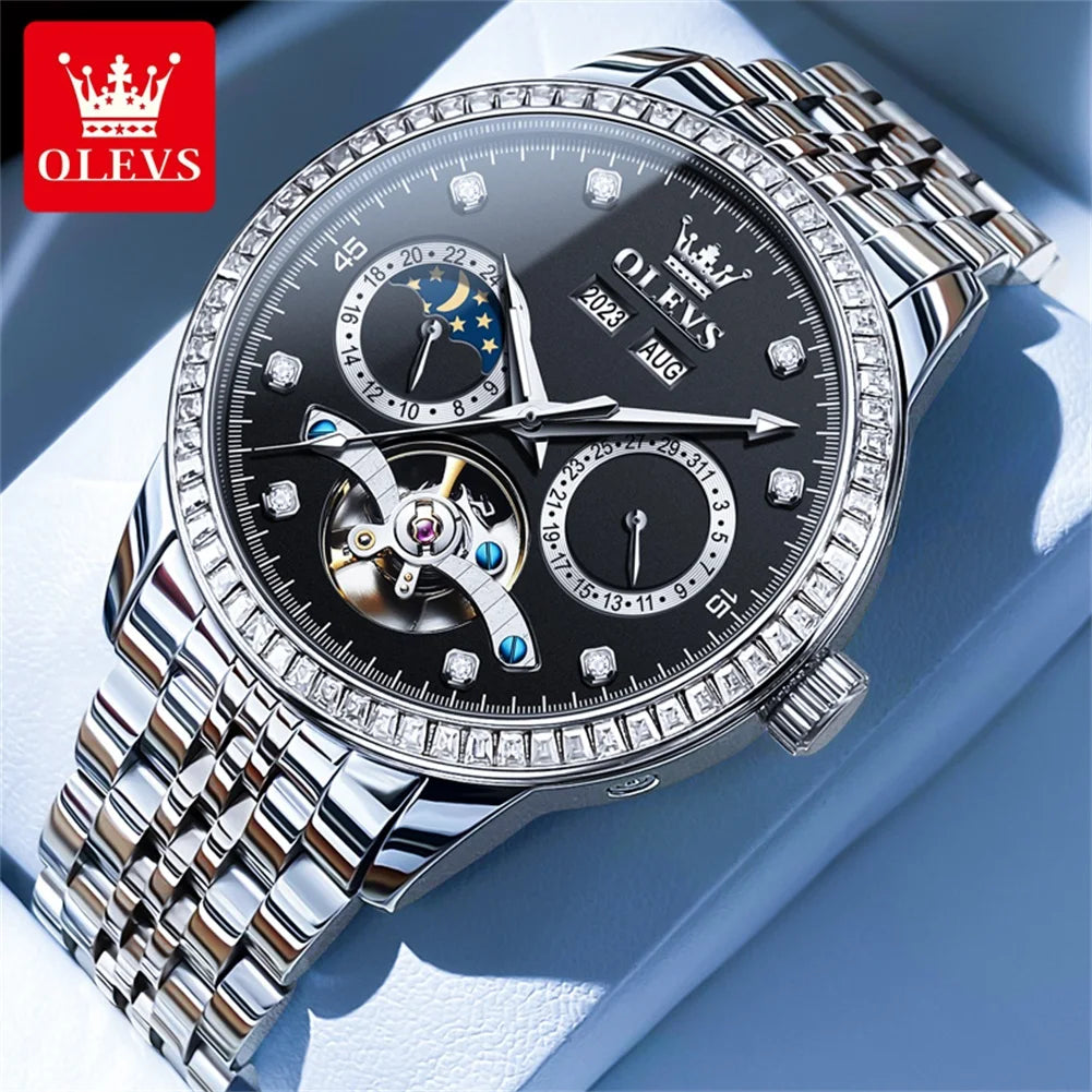 OLEVS 7016 Luxury Automatic Watch Men Skeleton Tourbillon Moon Phase Calendar Waterproof Stainless Steel Mechanical Wristwatch
