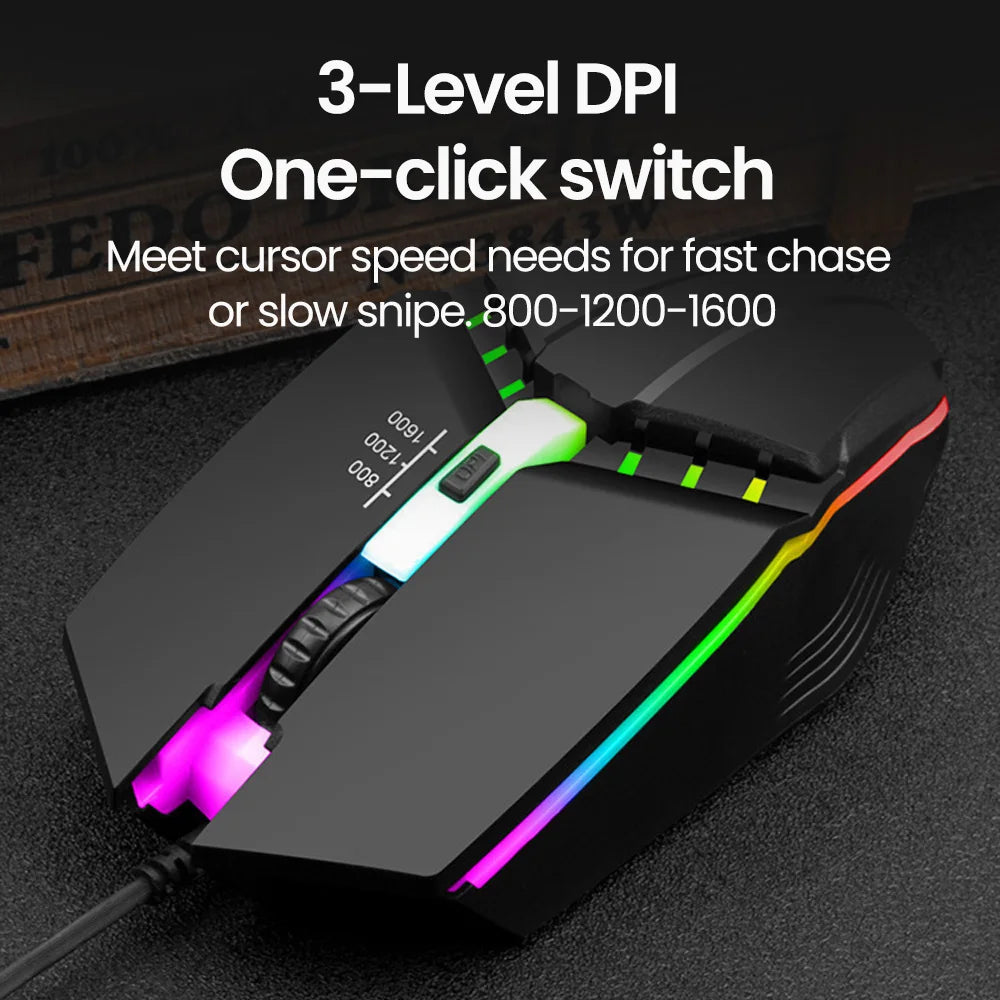Rato Gaming USB com Fio RGB Retroiluminado e Botão Silenciar, para PC de Secretária, Portátil, Computador, Casa e Escritório, LED Luminoso, 1600DPI