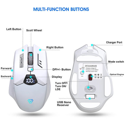 Rato Bluetooth Sem Fios de Modo Duplo com Ecrã Inteligente, Carregamento Silencioso, para Escritório, Gaming e Tablet, Portátil e Universal