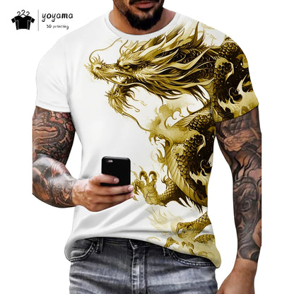 T-shirts för herr med drakmönster, kortärmad T-shirt, trendig streetwear-topp med O-ringning, djurmönster i 3D-tryck, lös och mångsidig herrklädsel