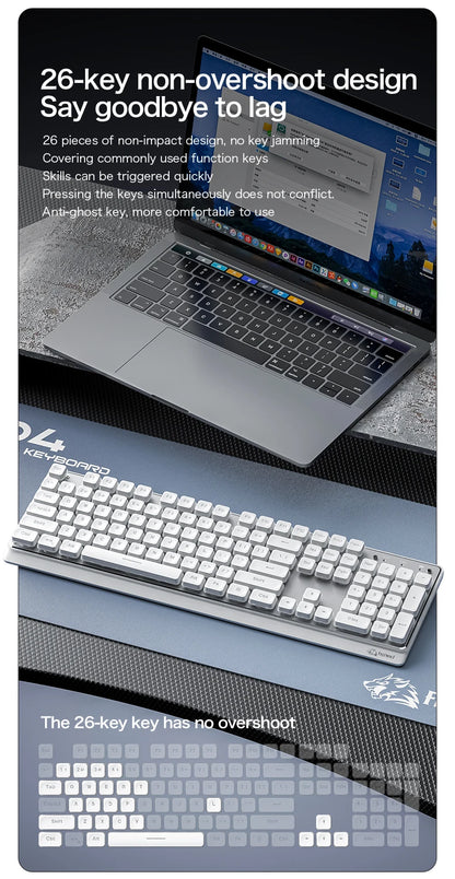 Freewolf M104 Tri-Mode Wireless Keyboard RGB 104 Keys Ultra Slim Quiet Membrane 4000mAh Large Battery for Office & Home