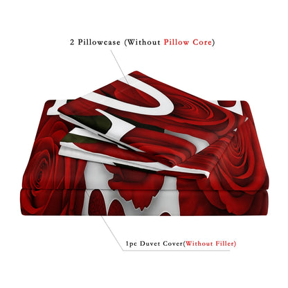 3Pcs Romantic Love Letter Red Rose Flower Pattern Bedding Set Included 1 Duvet Cover & 2 Pillowcases For Home Dorm Hotel Decor