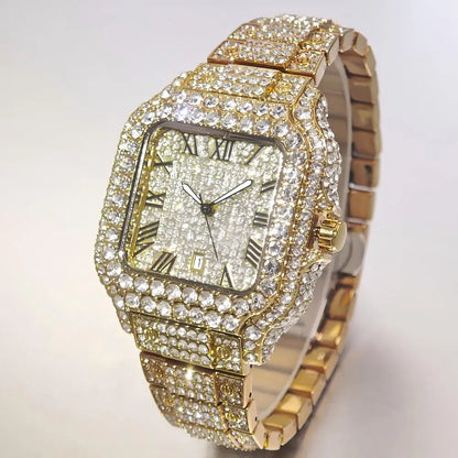UNIGUET Cool Men's Watch Luxury Stainless Steel Quartz Watch Hip Hop Black Diamond Square Design Fashion Iced Wristwatch for Men