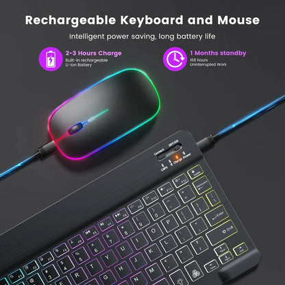 Mini Backlit RGB 10-inch Bluetooth Keyboard Wireless Mouse Rechargeable for Spanish Russian Hebrew Korean French Arabic Portuguese