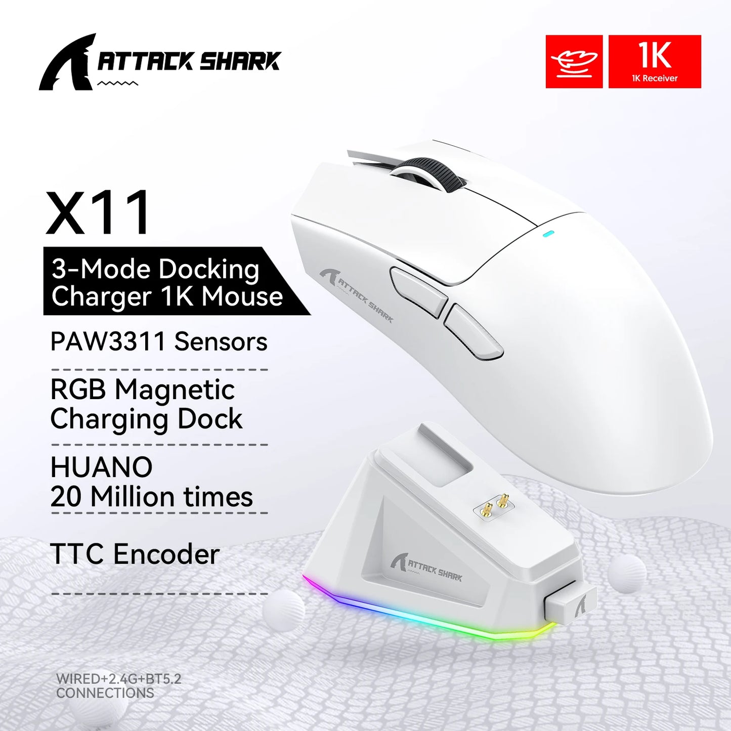 Attack Shark R1/X11 Tri-Mode Wireless Gaming Mouse, 18,000 DPI PAW3311 Bluetooth, 2.4GHz & Wired Lightweight Programmable Gaming Mouse for PC & Laptop