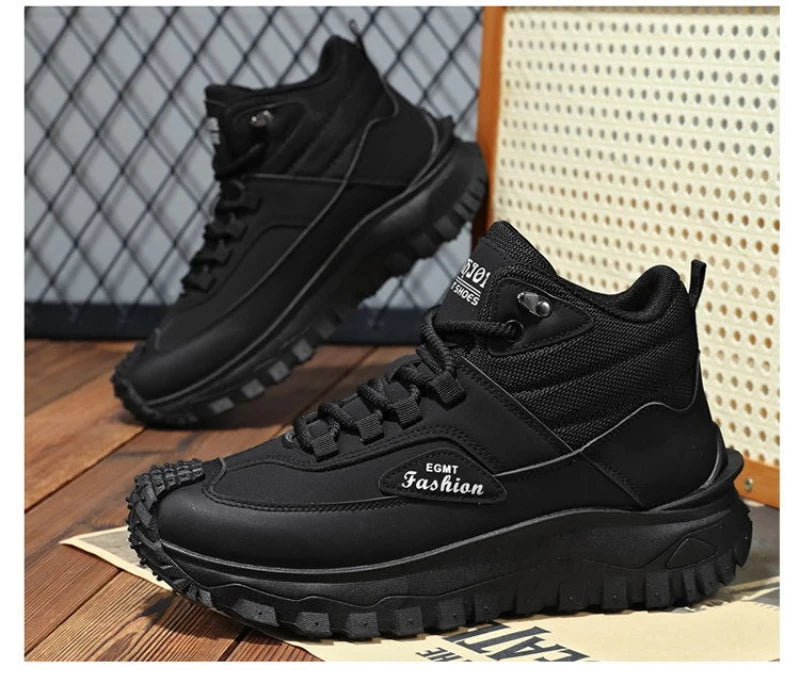 Men'S Black And White Mid Top Hiking Boots Waterproof Leather Platform Sneakers Non Slip Outdoor Casual Shoes With Rugged Sole