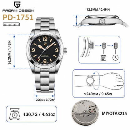 PAGANI DESIGN 2026 New 36MM Men Automatic Mechanical Watches   Sapphire Stainless Steel AR Coating 20Bar Clock Watch