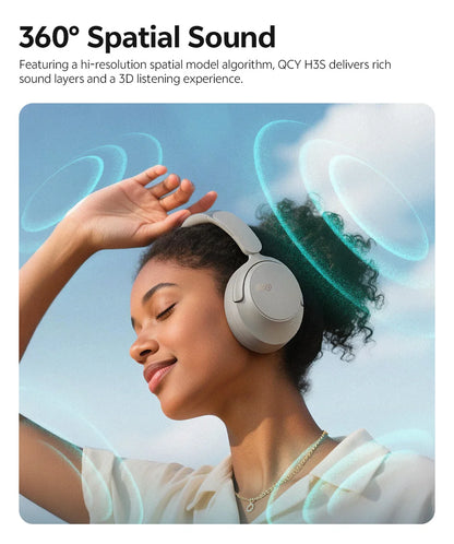QCY H3S -56dB ANC adaptativo Auscultadores Bluetooth 6.0 circum-aurais – Headset sem fios Hi-Res LDAC, bateria de 102H, som espacial Dual Driver