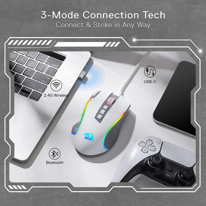 Rato Gaming Redragon M612 PRO RGB BT 2.4G, ótico sem fios 8000 DPI, 9 botões programáveis, 7 modos retroiluminados, B