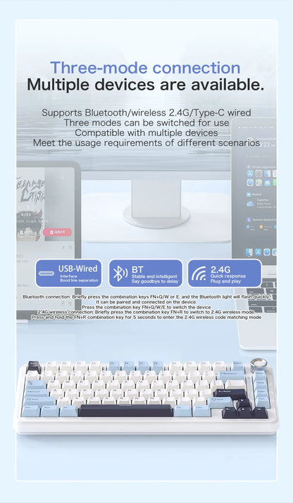 F75 Mechanical Keyboard FREEWOLF 81 Keys Layout Metal Knobs PBT Keycaps, Fully Hot-swappable Keys RGB Multi-color Backlighting