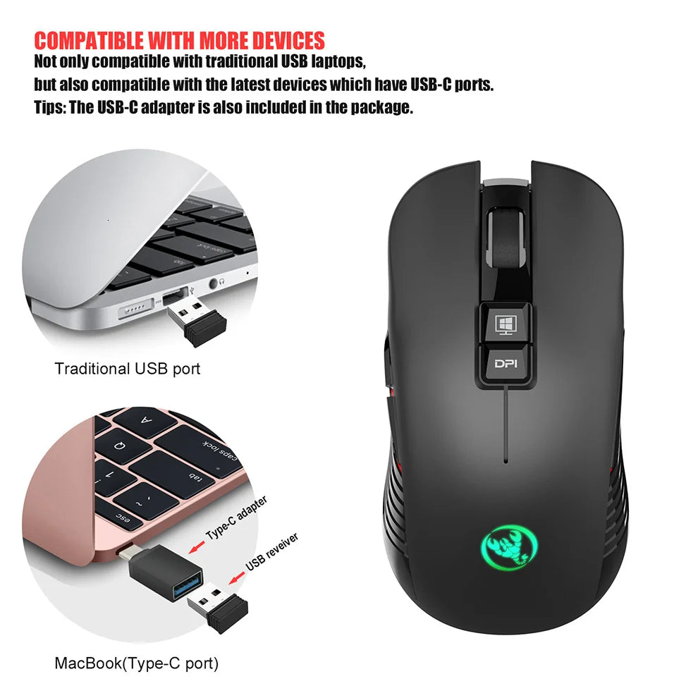 Rato gaming sem fios 2.4G USB-C recarregável 3600DPI, 7 botões, Type-C, silencioso, para MacBook, portátil, PC e computador