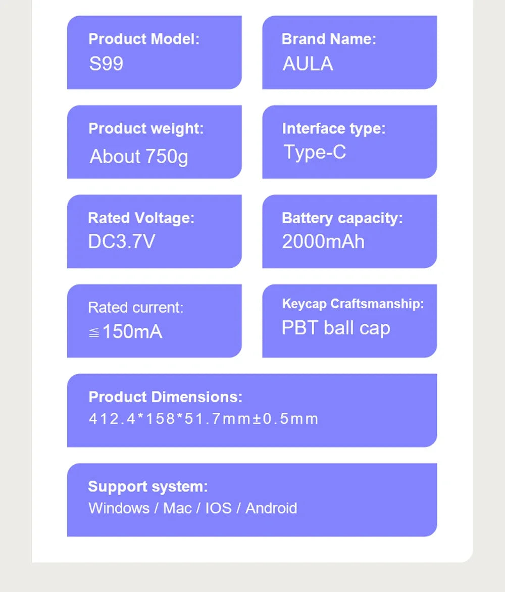 AULA S99 Spider Keyboard Membrane Keyboard Wireless Bluetooth Wired Three Mode RGB Gamer Keyboards Office Typing Mute 99 Keys