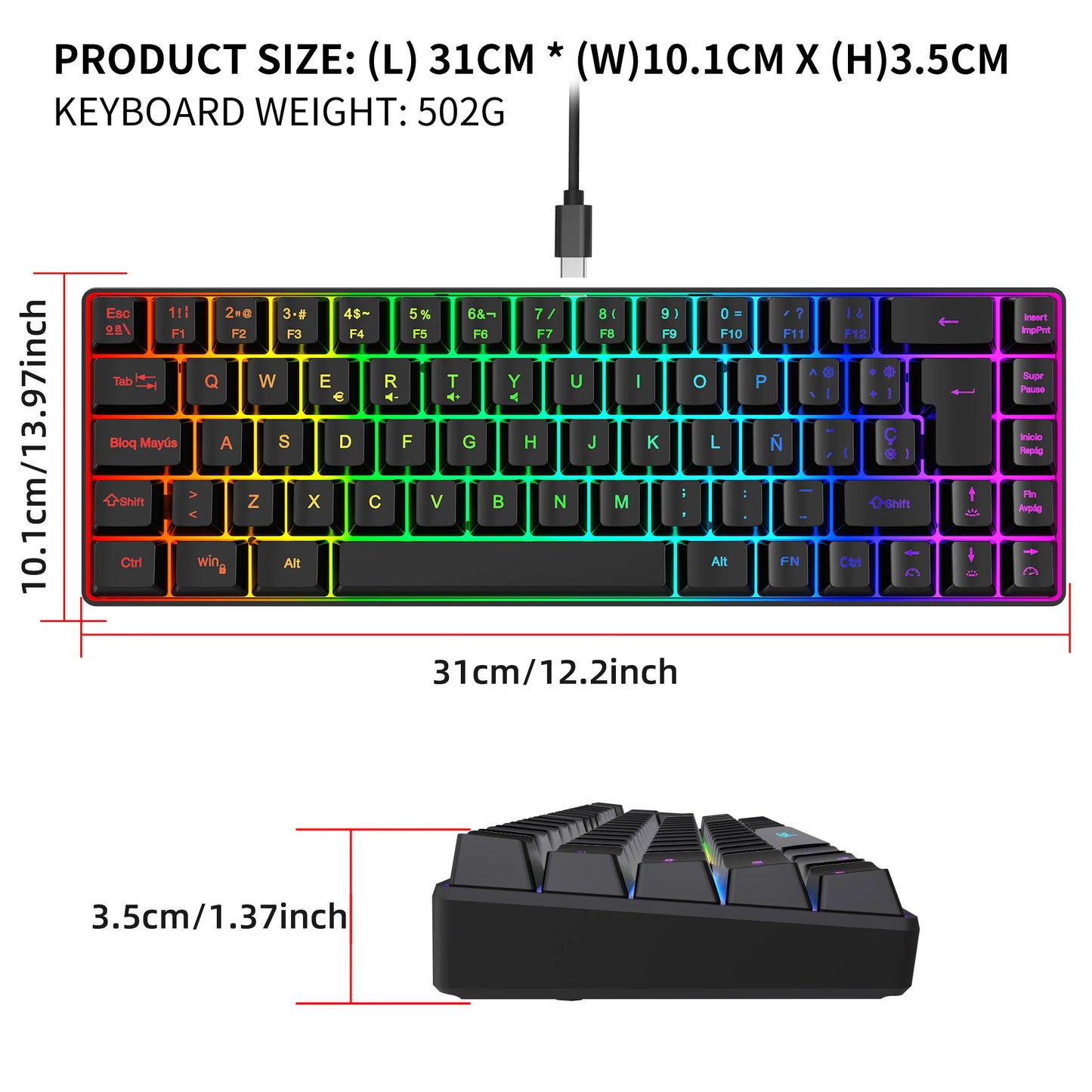 Hot Sale! 69-Key RGB Backlit Wired Gaming Keyboard, 68% Compact Design, A Must-Have Gadget for Office Workers and Gamers