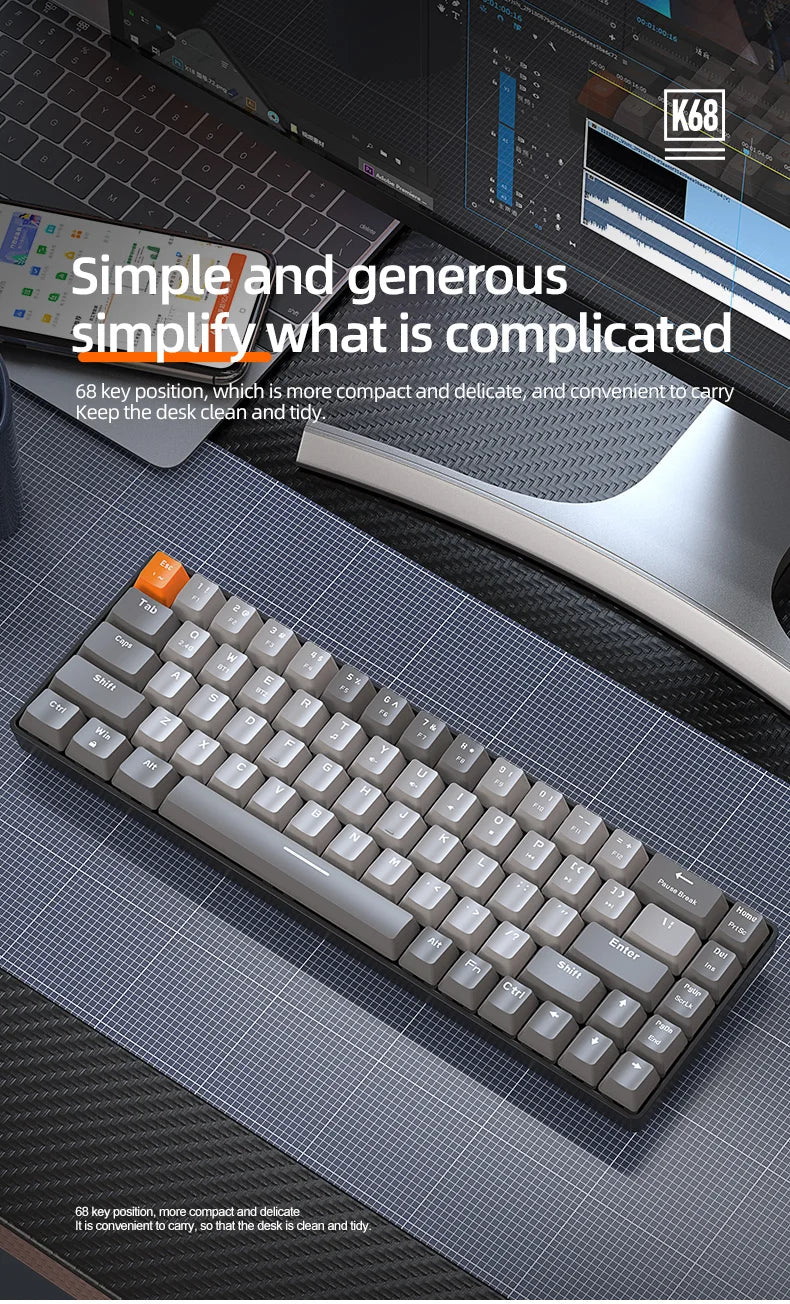 FREEWOLF K68 Mechanical Keyboard, Bluetooth Wireless, Blue and Red Switches, Hot-swap, Small Size Mini Keyboard