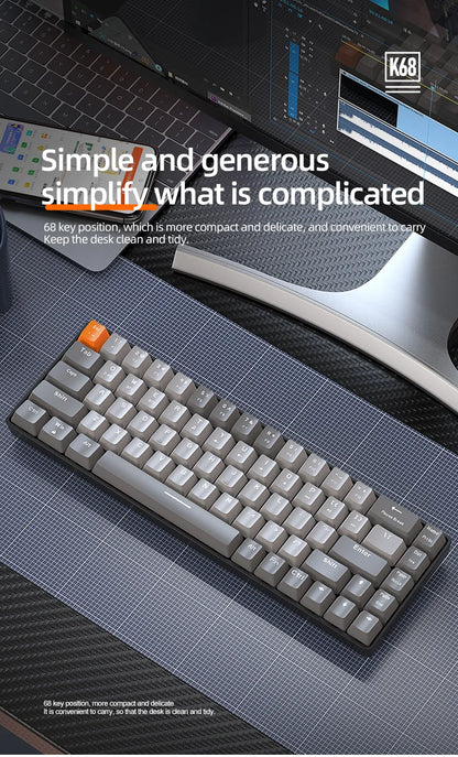 FREEWOLF K68 Mechanical Keyboard, Bluetooth Wireless, Blue and Red Switches, Hot-swap, Small Size Mini Keyboard