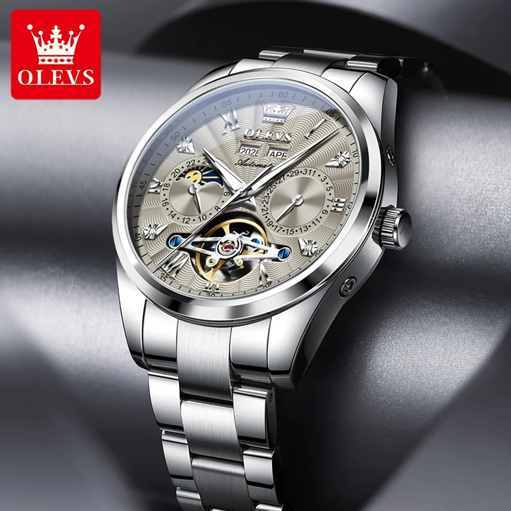 OLEVS 7028 Automatic Mechanical Men's Watch Tourbillon Dial Multifunctional Date Waterproof Luminous Watch for Men