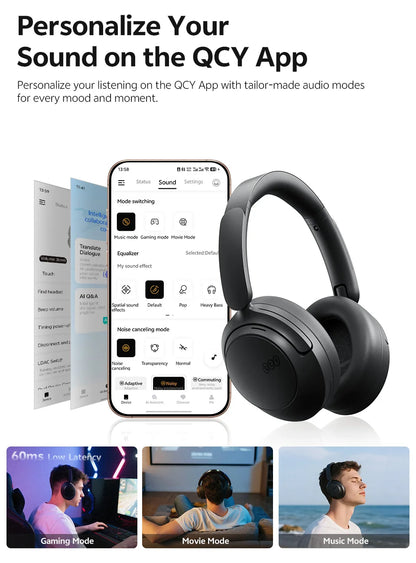 QCY H3S -56dB ANC adaptativo Auscultadores Bluetooth 6.0 circum-aurais – Headset sem fios Hi-Res LDAC, bateria de 102H, som espacial Dual Driver