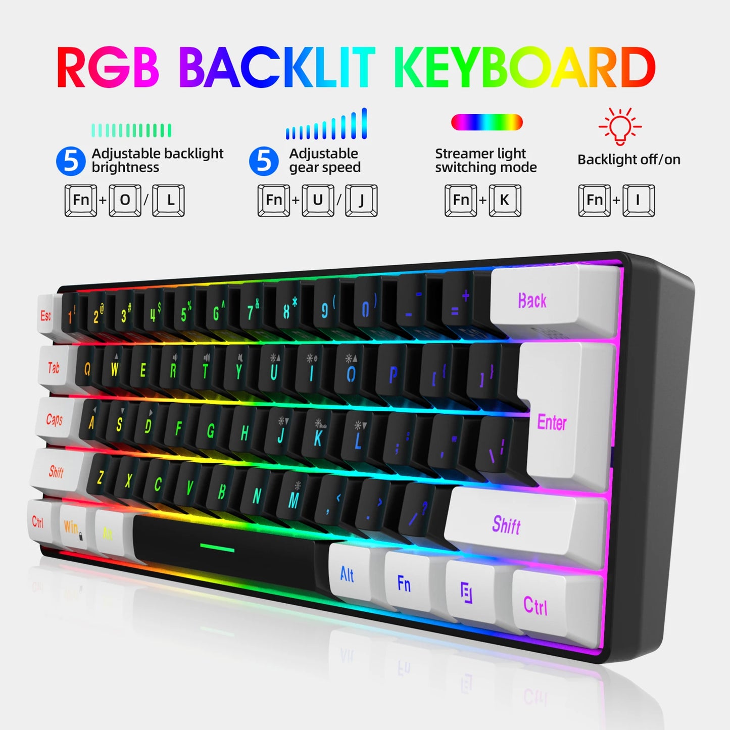 HXSJ USB Computer Keyboard and Mouse Kit with 61-Key Wired RGB Backlight Wired Gaming Mouse Colorful LED Lighting for PC Laptop