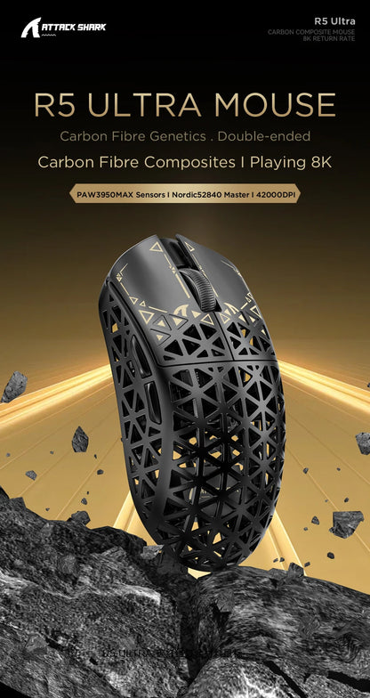 Rato Gaming Sem Fios ATTACK SHARK R5 ULTRA - Polling 8K, Sensor PAW3950MAX, 42,000 DPI, Fibra de Carbono Ultraligeira para Esports Profissionais