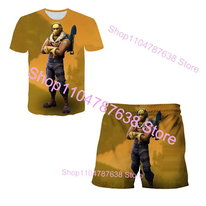 Conjunto Infantil 2 Peças F-Fortnited Victory 3D, T-shirt e Calções para Meninas e Meninos, Roupa Battle Royale, T-shirts Harajuku Hero