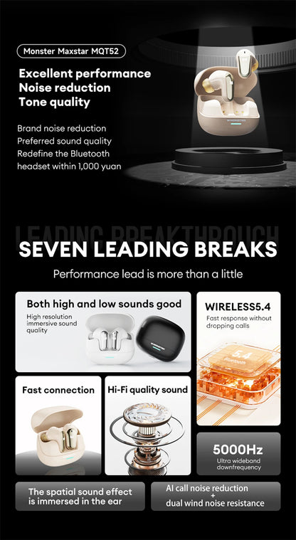 Auriculares Monster MQT52 sem fios Bluetooth 5.4 com bateria de longa duração, auscultadores gaming de modo duplo, som estéreo Hi-Fi e microfone