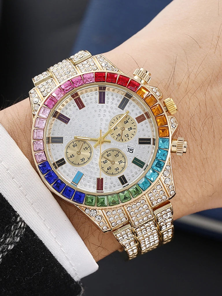UTHAI BK114 Fashionable Man Watch, Colored Diamond Calendar, Inlaid Diamond Quartz Watch, Luxury Clock Gift Watches for Man