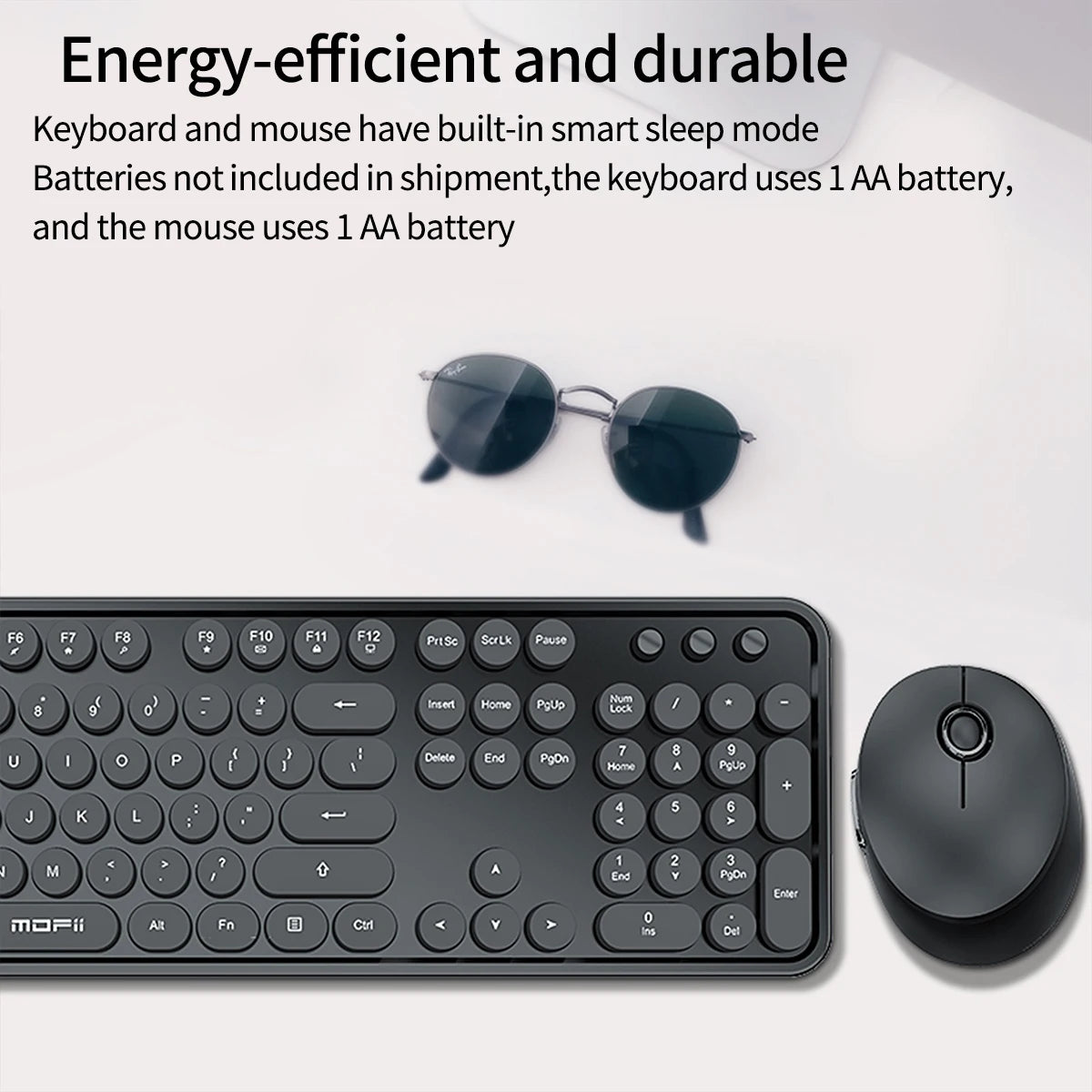 MOFii Black Retro Round Keycaps Wireless Keyboard & Mouse Combo, 2.4G Quiet Office Set, US QWERTY Layout