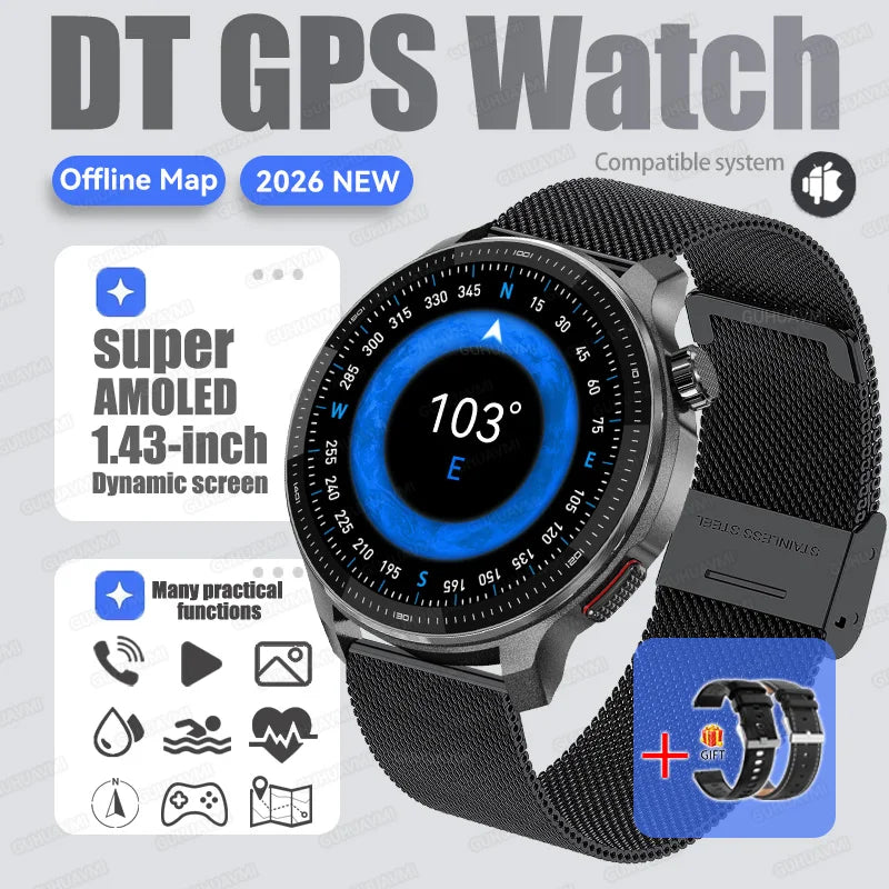New GPS Offline Maps Smart Watch Men Memory 3D Menu Styles TWS MP3&MP4 Player 1.43"AMOLED Compass Sport Swim Waterproof Bracelet