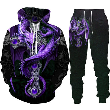 Conjunto de fato de treino para homem e mulher com estampado 3D de dragão retro tatuado, hoodie casual + calças, conjunto de 2 peças, sweatshirt oversized, moda masculina