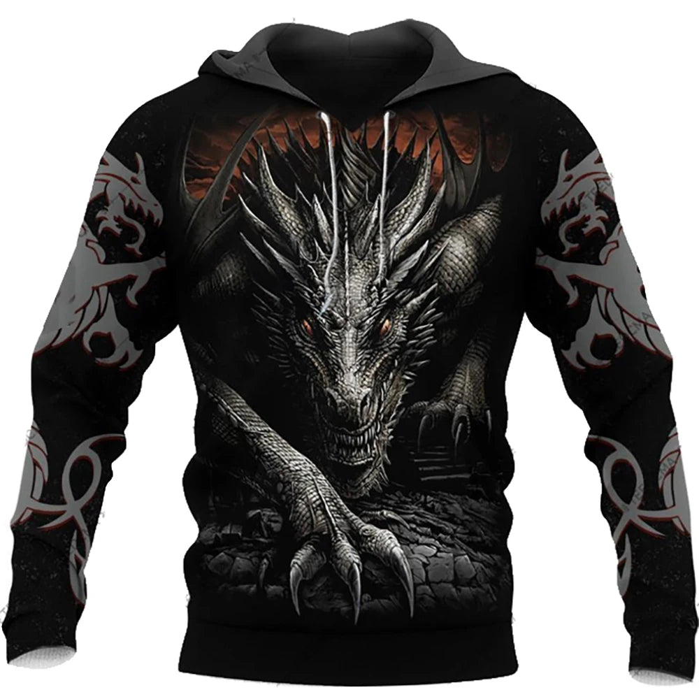 Felpa con cappuccio unisex da uomo con maniche lunghe, stampa 3D drago tatuaggio, autunno inverno, streetwear casual a pullover