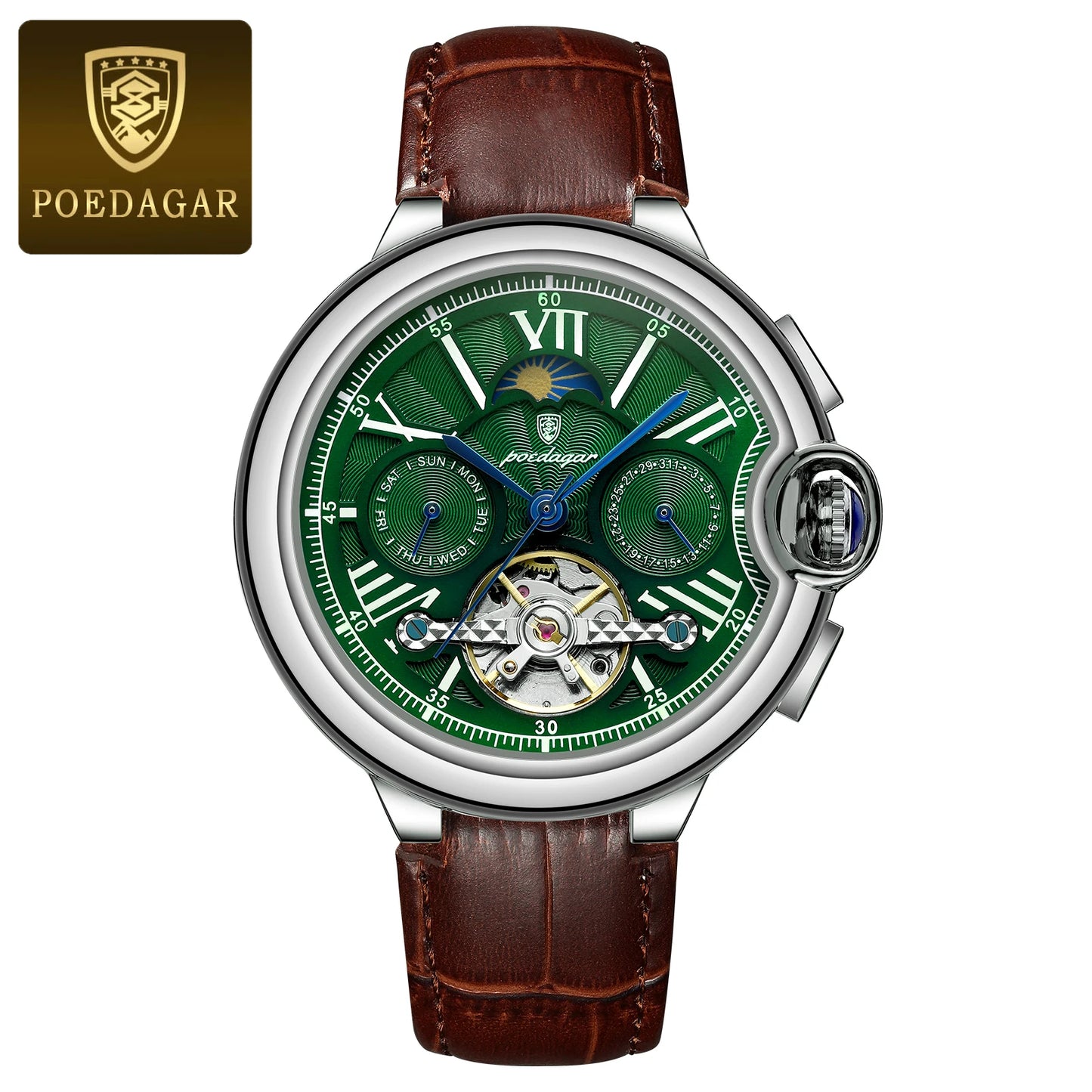 POEDAGAR Luxury Male Watch Tourbillon Date Week Stainless Steel Men Watch Waterproof Automatic Mechanical Military Men's Watches