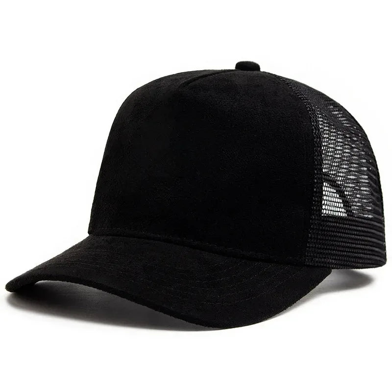Boné trucker unissexo 2025 de 5 painéis em malha e camurça com logótipo personalizado, boné de basebol para homem, primavera/verão, respirável, desportivo, para mulher