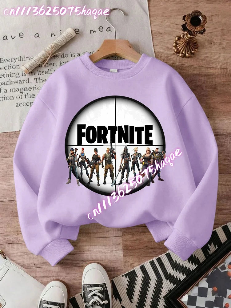 Sweat-shirts Fortnite novos para criança, hoodie com estampado de personagens de jogo em estilo cartoon, tops casuais de outono para criança, roupa de inverno para bebé menino